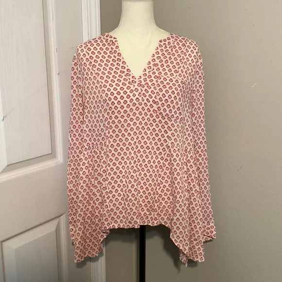 Maeve White/Red Abstract Pattern Asymmetrical BOHO Popover Long Sleeve Top Sz 12 - Picture 1 of 3